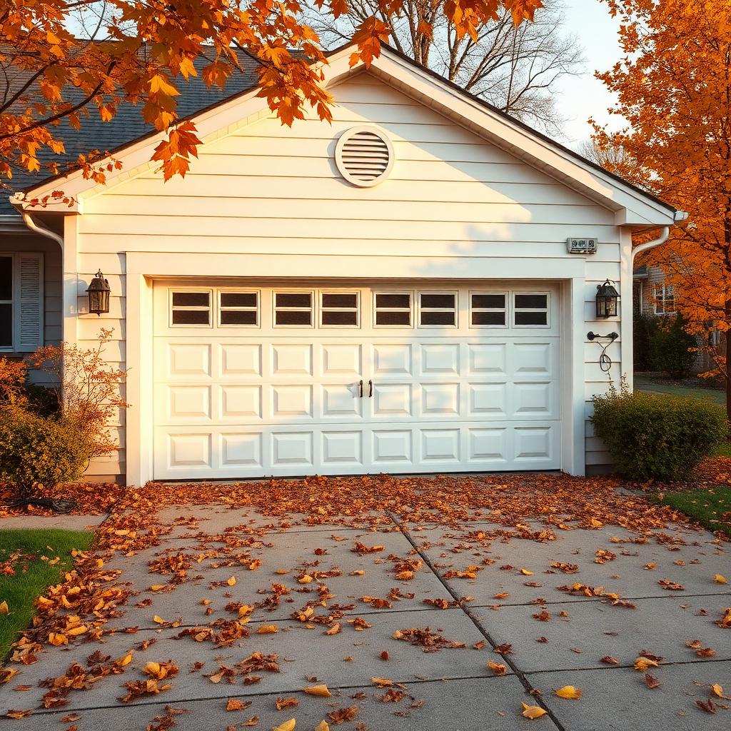 Technician performing fall maintenance inspection on a steel garage door with autumn leaves visible