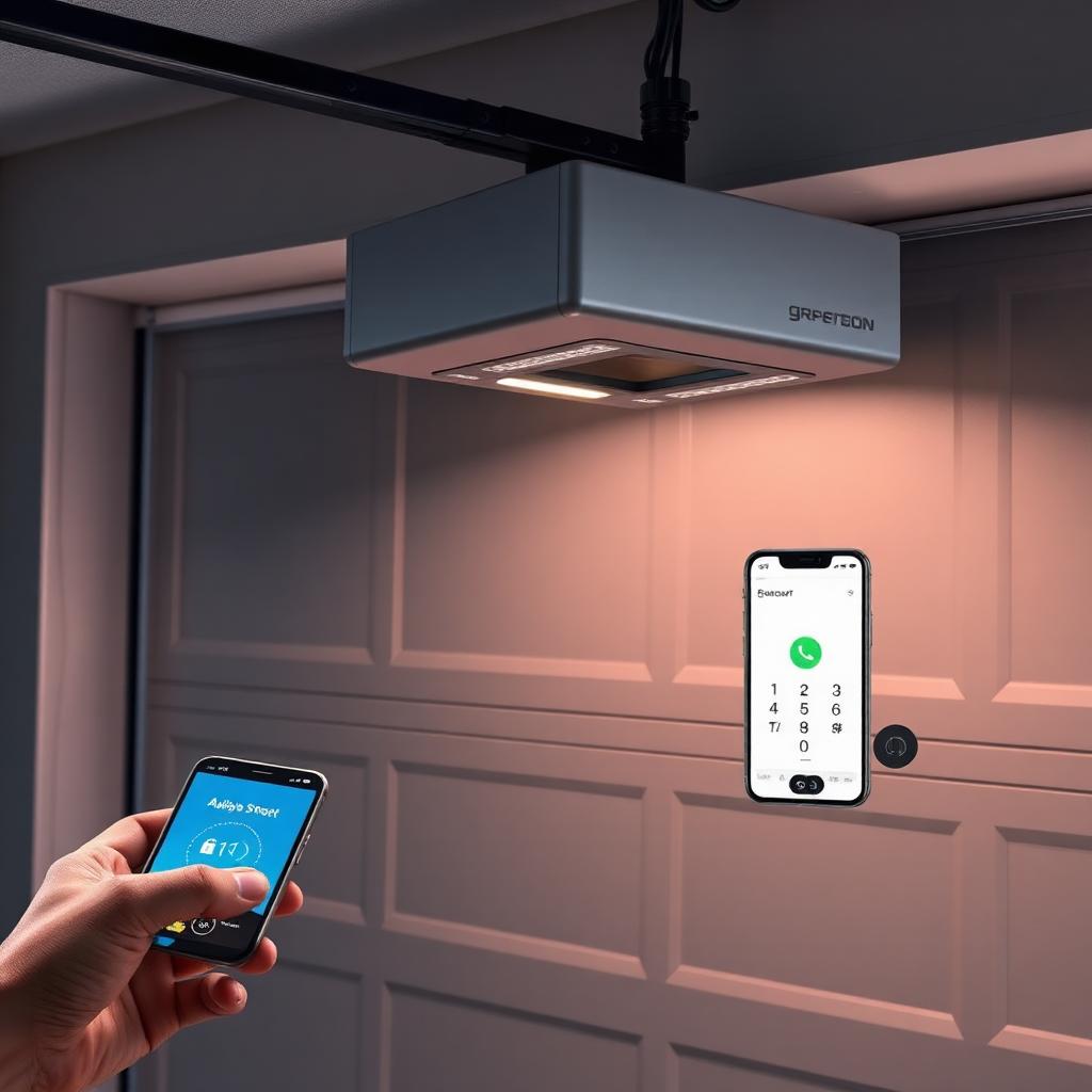 Modern smart garage door opener with smartphone app integration and keypad entry system