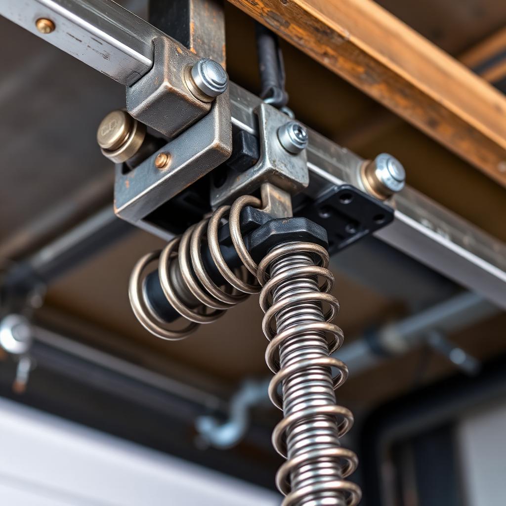 Professional technician replacing torsion springs on a residential garage door in Pinebluff