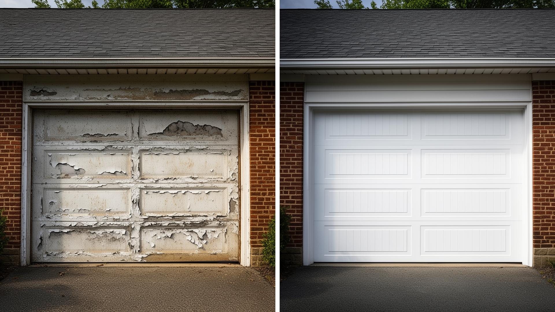 Before and after garage door replacement showing dramatic transformation