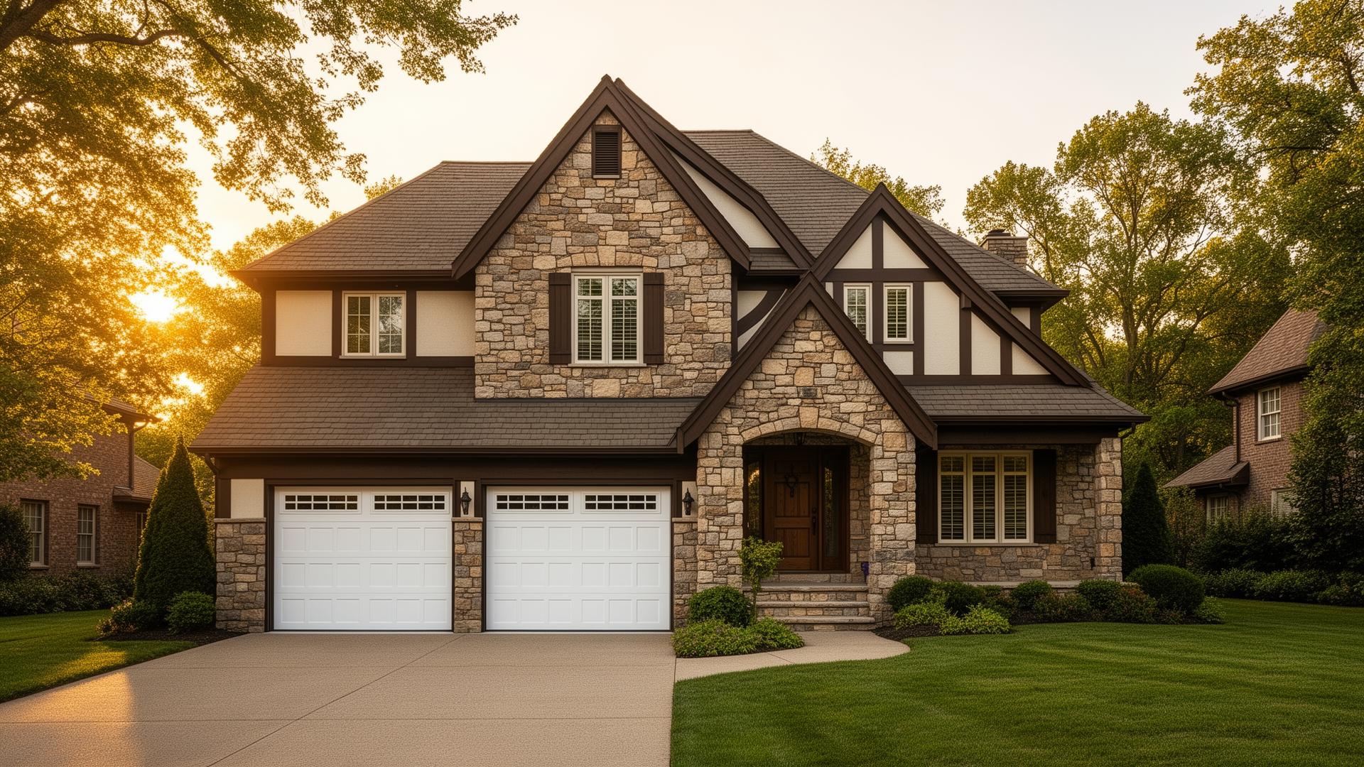 Beautiful Tudor style home with white raised panel steel garage doors in Pinebluff NC