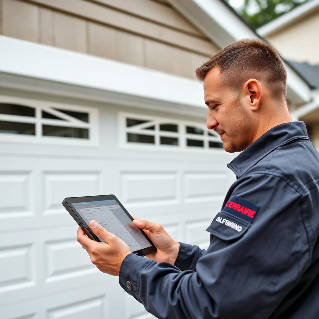 Certified Pinebluff Garage Doors technician performing professional inspection with digital tablet